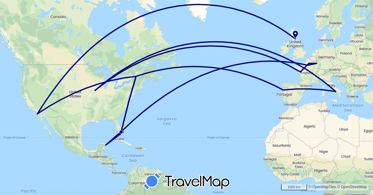 TravelMap itinerary: driving in Bahamas, Canada, France, United Kingdom, Italy, Mexico, Portugal, United States (Europe, North America)